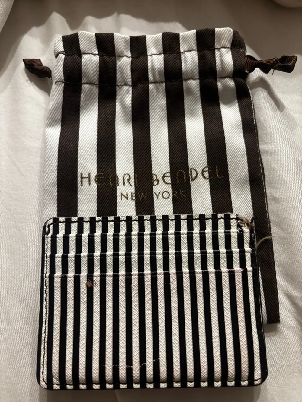 Henri Bendel Black & White Striped Card Holder with Dust Bag